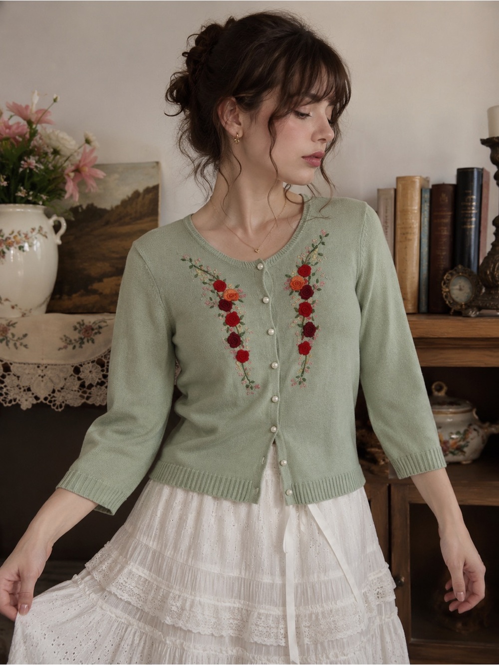 Vintage Sage Green Floral Embroidered Cottagecore Cardigan Grandmacore Layering